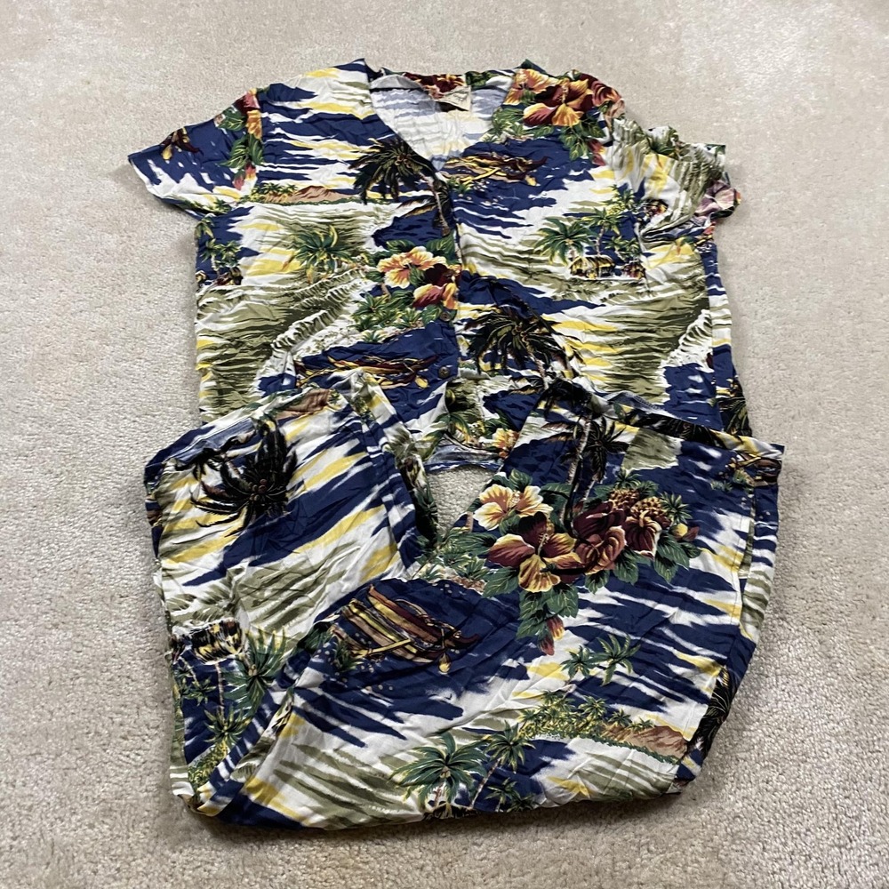 Hilo Hattie Hawaiian Set Womens XL Blue Floral Aloha Made Hawaii Pants Shirt